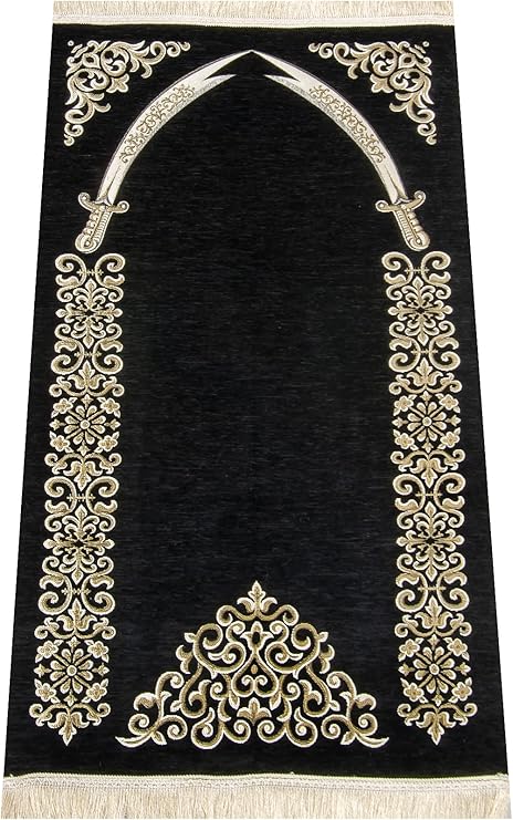 ihvan online Lux Muslim Prayer Rug, Janamaz, Portable Sajadah, Soft Prayer Rug, Praying Carpet Mat, Islamic Gifts for Ramadan Eid, Chenille Fabric, Black
