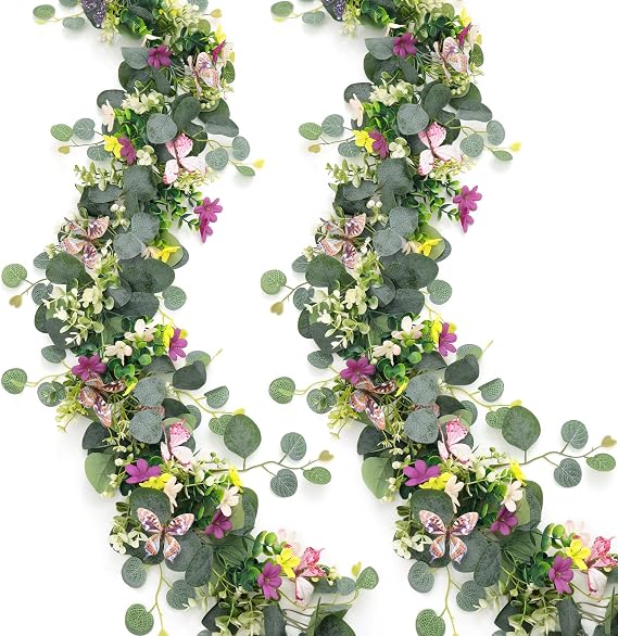 2 Pack 5.68FT Artificial Eucalyptus Flower Garland with 3D Butterfly
