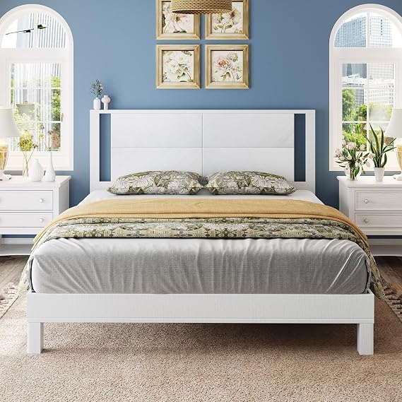 LUXOAK Modern Farmhouse Queen Bed Frame with Panel Headboard, Antique White