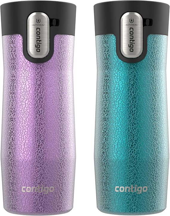 Contigo AUTOSEAL West Loop Vacuum-Insulated Stainless Steel Travel Mug with Easy-Clean Lid, 16 oz, 2-Pack, Crystal Pansy; Crystal Juniper