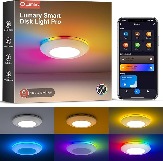 Lumary 5/6 inch Smart RGBAI Led Disk Light Pro, Color Changing WiFi Smart Recessed Lighting with Night Light, Flexible Install Flush Mount Ceiling Light, Work with Alexa/Google Assistant, 1 Pack
