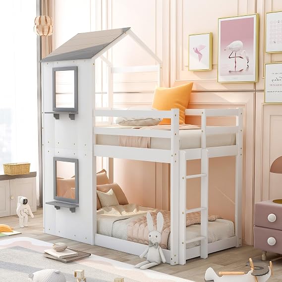 Twin Over Twin Bunk Bed Wood Bed with Roof, 2 Windows, Guardrail, Ladder for Kids, Teens, Girls, Boys, No Box Spring Needed (White + Bunk)