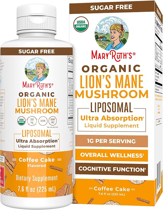 MaryRuth's USDA Organic Lions Mane Supplement, Vegan, 15 Servings | Ultra Absorption Liposomal, Full Spectrum Mushroom, 200mg Beta-Glucans Per Serving, USDA Organic, Vegan