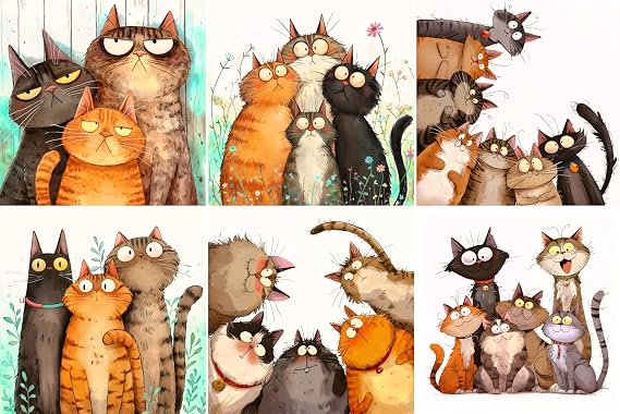 6 Piece 5"x5" Quirky Humor Cats 100% Cotton Fabric Panel Blocks Quilt Squares