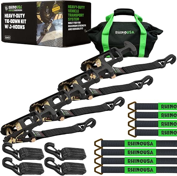 Rhino USA Car Hauler Tie Down Straps (4-Pack) - 2inx8ft with J Hooks