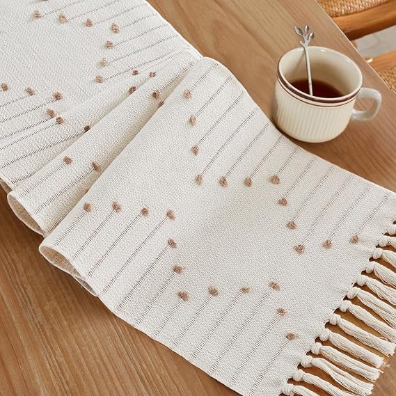 Wracra Boho Table Runner, Taupe Woven Table Runners 36 Inches Long