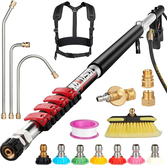 24FT Telescoping Pressure Washer Extension Wand, 2026 Upgraded High Power Washer Wand Extension Pole with Support Belt & 3 Wand, 7 Spray Nozzle Tips, 4000PSI, Gutter Cleaning Tools