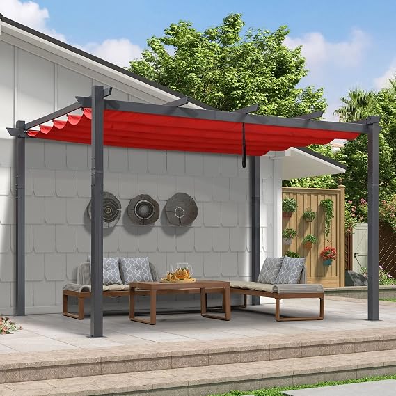 PURPLE LEAF Against Wall Pergola 9.5' X 13' Sliding Aluminum Canopy, Terra | Thick Posts, Stronger Support, Yarn-Dyed Canopy, Color Lasts, Reinforced Frame, Stays Steady, Thick Posts, Solid Support