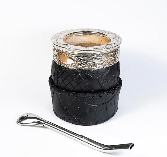 Yerba Mate Gourd with Stainless Steel Bombilla - Handmade Mate Gourd, Mate Drinking Cup, Pumpkin Mate Gourd, Yerba Mate Set, Argentina, Leather Base