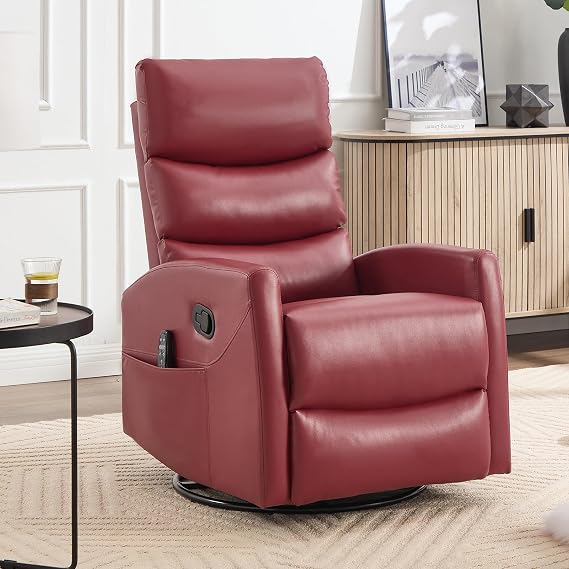 Manual Recliner Chair with Vibration Massage, Swivel Rocker Recliner with Remote Control, Glider Rocking Chair with Lumbar Heat, Reclining Sofa Chairs with Side Pockets for Living Room, Red