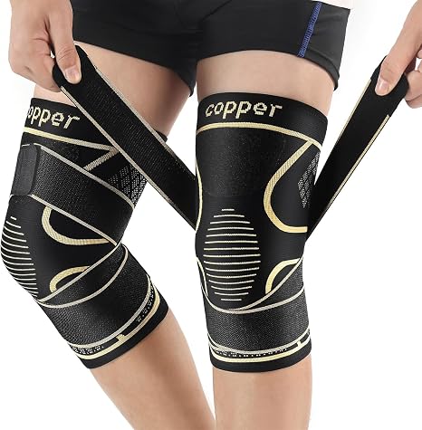 Copper Knee Braces with Strap for Knee Pain Women and Men(2 Pack), Knee Compression Sleeve for Arthritis, ACL, Meniscus Tear, Joint Pain Relief, Knee Support for Working, Running, Weightlifting