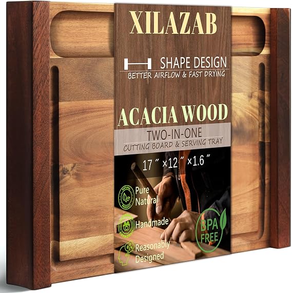 Acacia Wood Cutting Board 17x12 Inch Large Charcuterie Board with Juice Groove and Deep Recessed Well, Wooden Serving Tray with Side Handles