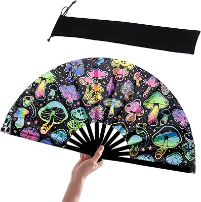 UV Glow Rave Bamboo Large Women Clack Fold Hand Fan Fluorescence Printing Party Club Disco Dancing Decoration Wedding Night Club Concert Kung Fu Accessory mashroom