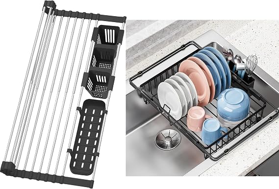 BBXTYLY Expandable Roll Up Dish Drying Rack with 2 Storage Baskets and Expandable Dish Drying Rack Over The Sink, Adjustable Dish Rack in Sink with Expandable Feet