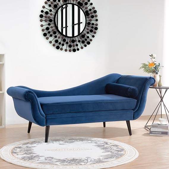 Velvet Chaise Lounge Indoor Chair with Pillow, Modern Upholstered Right Arm Facing Lounge Chair Bed, Modern Sleeper Sofa Couch for Living Room Bedroom Apartment Office (Blue)