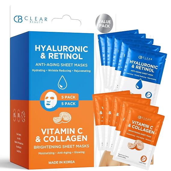 Clear Beauty Hyaluronic & Retinol + Vitamin C Collagen Face Mask Duo Hydrating, Firming & Revitalizing For Dull Or Aging Skin Dermatologist Tested, Korean Skin Care, Clean Beauty 10 Sheets
