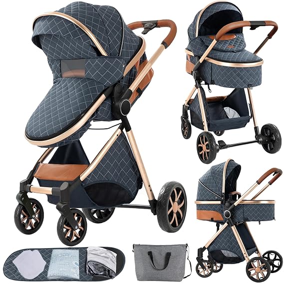2 in 1 Baby Stroller Convertible Reversible Standard Pram Portable Pushchair Infant Buggy Baby Carriage Foldable High Landscape Pram for Toddler Newborn (225 Blue)