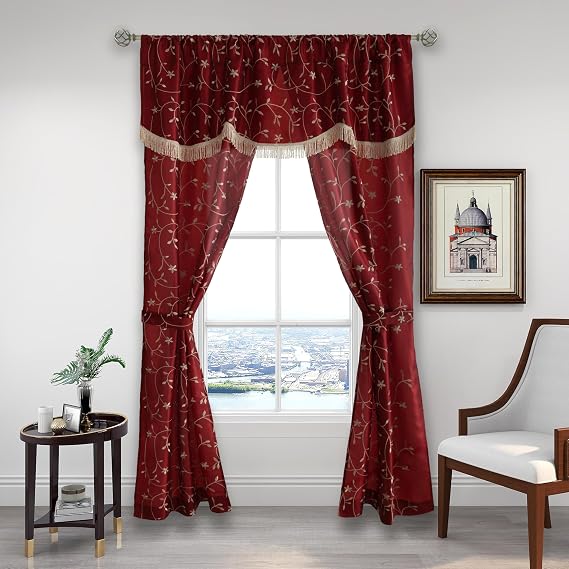 Randall Christmas Floral Sheer Curtain Panel Set with Attached Valance Botanical Embroidery Taffeta- 2 Panels+1 Valance with Tassel and 2 Tiebacks for Bedroom Living Room (Rod Pocket, 27"63", Red)