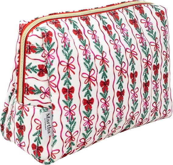Martha Stewart Festive Quilted Makeup Bag, Compact Cosmetic Organizer for Women, Small Zipper Pouch with PVC Lining, 8.75" x 4" x 6" (Holiday Bow Stripe)