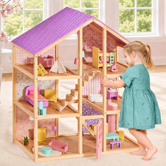 Tiny Land Wooden Dollhouse for Girls - 6 Rooms Wooden Doll House | DIY Pretend Doll House with 31Pcs Furniture Accessories, Creative Gift for Girl Ages 3+,Unicorn Purple