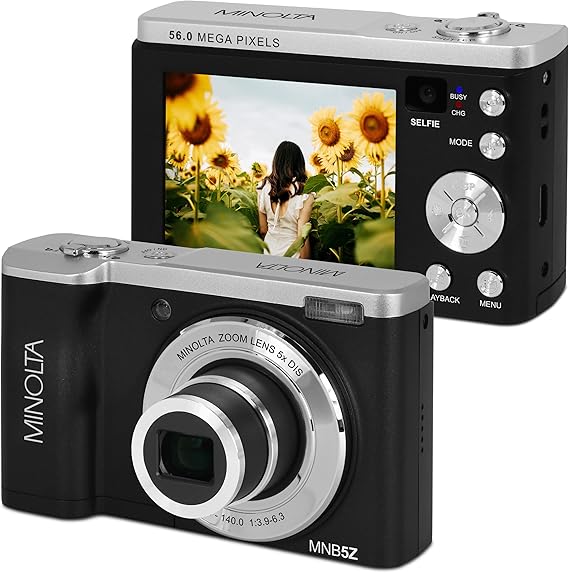 Minolta MNB5Z 56MP 5K Dual Lens Digital Camera, 5X Optical Zoom (Black)