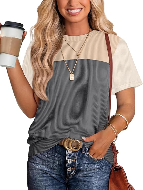 WIHOLL Womens Fashion 2026 Color Block Shirts Short Sleeve Knitted Summer Fall Tops Casual Trendy