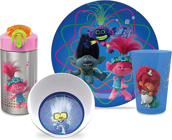 Zak Designs Dreamworks Trolls 2 Movie Poppy Branch Kids BPA-Free Dinnerware Set Includes Plate, Bowl, Tumbler and Water Bottle, Made of Durable Material and Perfect for Kids (4 Piece Set) (TROU-2870)