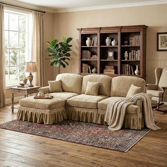 SoarFlash Modular Sectional Sofa Couch, Comfy Chenille Sofa with Removable Ruffled Skirt, Flared Armrests, Sturdy Legs, Convertible Sectional for Living Room, Bedroom, Apartment (Coffee)
