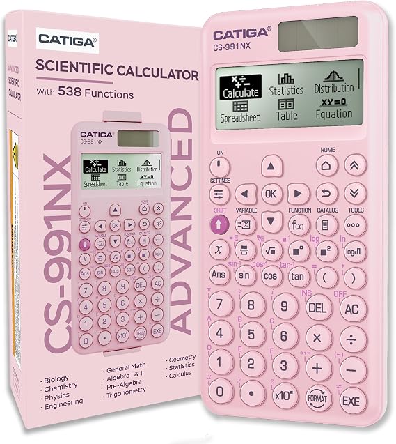 CATIGA Pink Scientific Calculator with Textbook-Style HD Display, Solar & Battery Scientific Calculators for College, High School & Engineering Students, Icon Menu & Magnetic Hard Case, CS-991NX