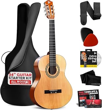 Pyle Beginner Acoustic Guitar Kit, 1/2 Junior Size All Wood Instrument with Full Accessory Kit, Picks, Shoulder Strap, Carry Case, Cleaning Cloth, Tuner App, 2 Month Lessons, 34
