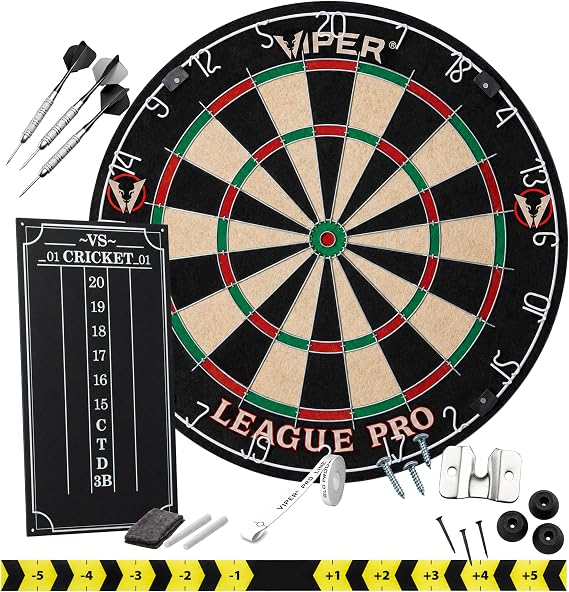 Viper League Pro Regulation Bristle Steel Tip Dartboard Starter Set with Staple-Free Bullseye, Radial Spider Wire, High-Grade Sisal with Rotating Number Ring, Chalk Cricket Scoreboard, Steel Tip Darts