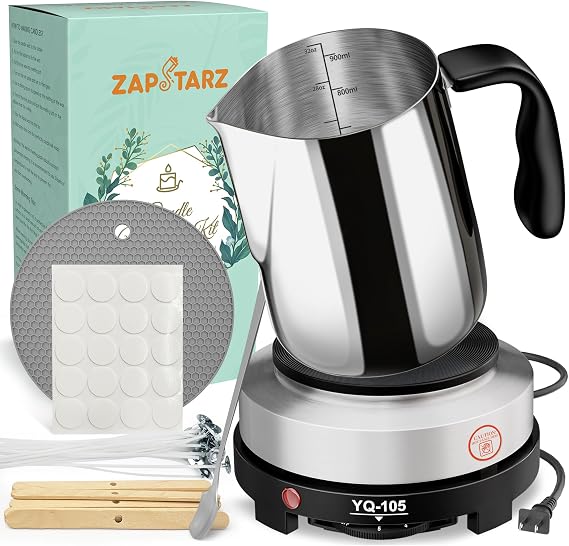 Zapstarz Candle Making Kit with Hot Plate for Adults Beginners | Candle Making Supplies with Wax Melting Pot, Candle Wicks&Stickers, Stirring Spoon, Anti-Scald Pad, Wooden Holders