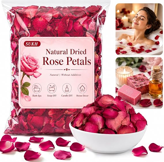 Sukh 5oz Dried Rose Petals Real Flower Petals for Bath,Soap,Candle Making