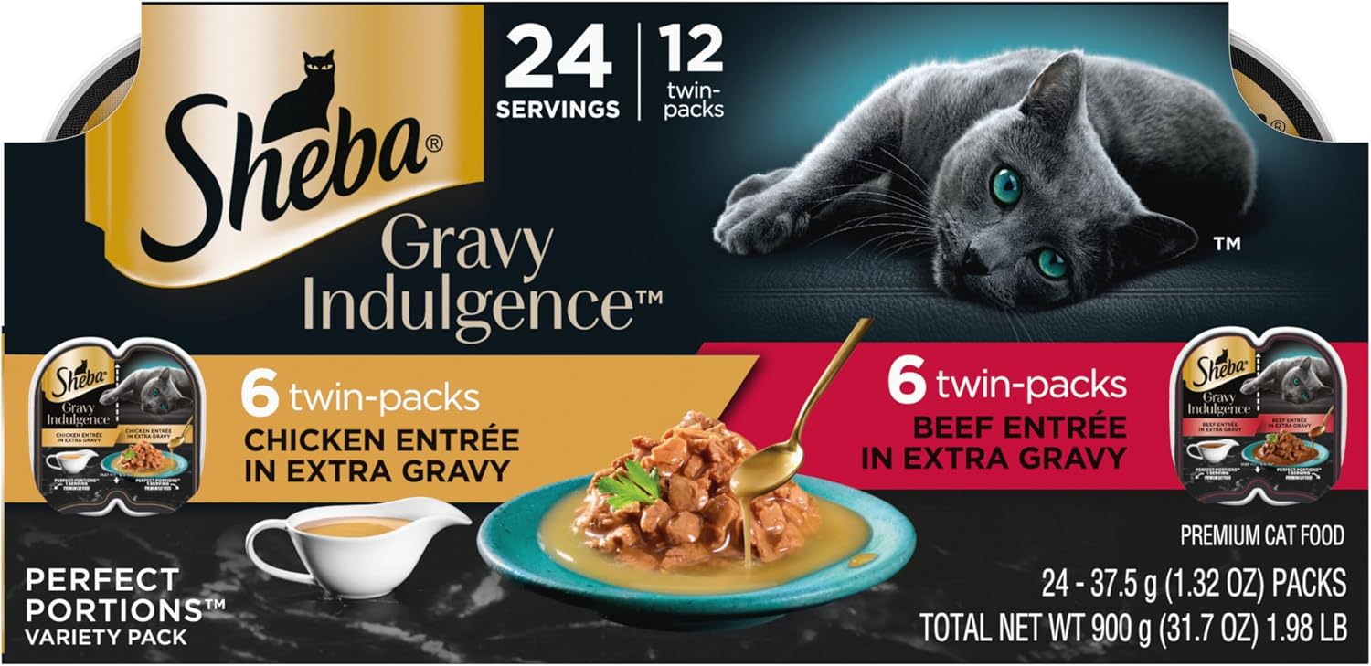 Sheba Gravy Indulgence Adult Wet Cat Food Beef and Chicken Entree in Extra Gravy Variety Pack, 2.6 oz. Twin-Pack Trays (12 Count, 24 Servings) (Pack of 2)