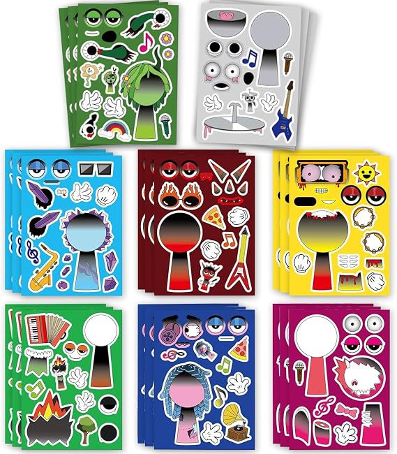 Sprunki Make Your Own Face Stickers for Kids - 24 Sheets Reusable Cartoon Stickers, Classroom Crafts & Party Favours (24pcs Body+Facial Stickers)
