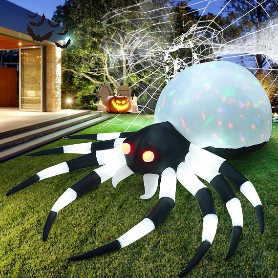 12FT Halloween Inflatables Giant Spider with 18 Built-in LED Lights and Magic Cube Light, Halloween Blowups for Yard, Garden and Lawn Outdoor Decoration (White, 12FT)