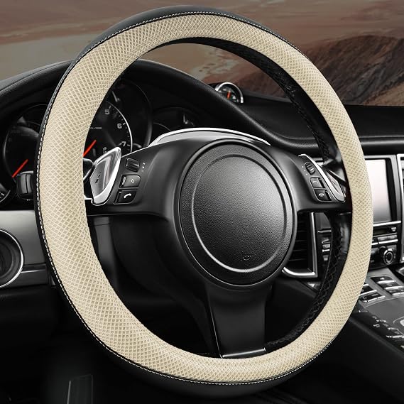 Outlet Steering Wheel Cover, 3D Air Mesh Breathable Leather Universal Fits for 95% Sedan, SUV, Cars, Anti-Slip Safety Comfortable Design(Black&Beige)