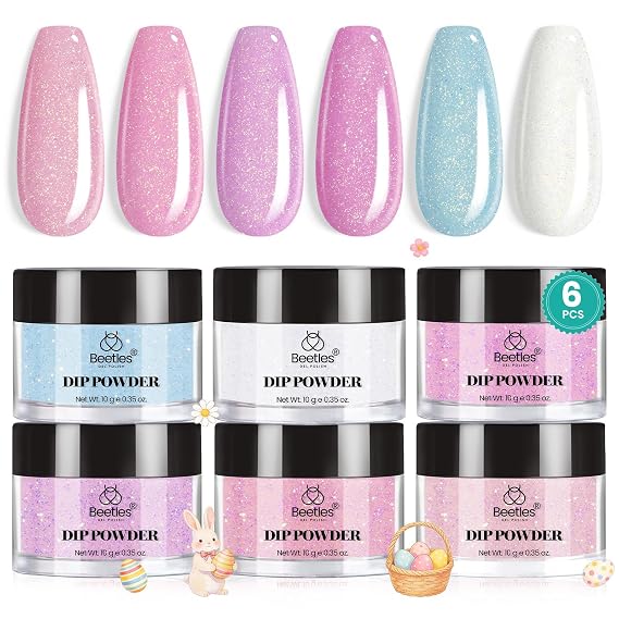 Beetles Dip Powder Nail Kit, 6 Colors Pink White Purple Powder Dipping Set Spring Colors for All Seasons, Blue Pink Glitter DIY Art Summer Manicure No Need Nail Lamp Cured Gift for Women