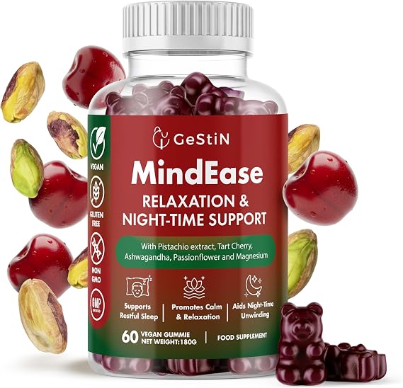 MindEase – Natural Relaxation Gummies for Adults | Pistachio Extract, Tart Cherry, Magnesium Glycinate, Ashwagandha & Lemon Balm | Supports Calm, Unwinding & Night-Time Routine | Vegan | 60 Gummies