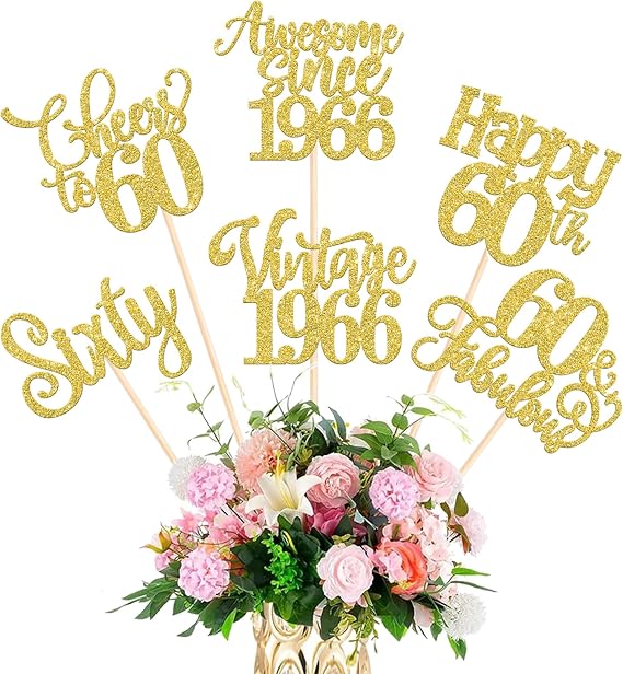 12 Pack Happy 60th Birthday Centerpiece Sticks Assembled Glitter Vintage 1966 Sixty 60 Fabulous Awesome Since 1966 Table Centerpiece Sticks for 60 Fabulous Theme Party Supplies Gold