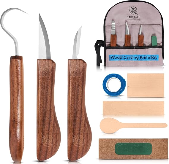 Schaaf Tools 3-pc Beginner Wood Carving Kit for Whittling and Spoon Carving | All in one craft kit with roughout, hook & detail whittling knife, basswood blanks, strop, fun project tutorials included.