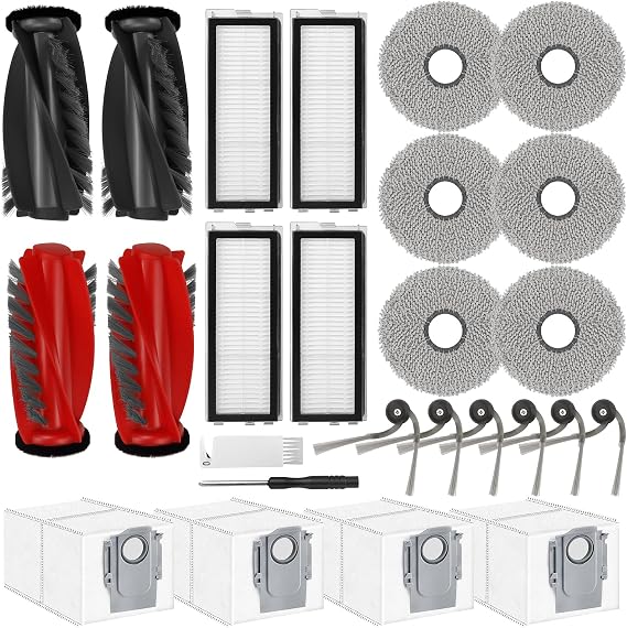26 Piece Accessory Set for Roborock Qrevo Curv/Qrevo Curv S5X/Qreve/Qrevo Edge S5V 2 Dual Main Brushes 6 Side Brushes 4 HEPA Filters 6 Wiping Pads 4 Dust Bags 1 Cleaning Brush 1 Screwdriver