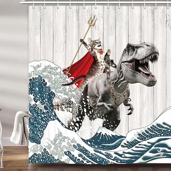 Funny Cat Shower Curtain Riding Hilarious Dinosaur Surfing Cool Japan Anime Shower Curtain Funny Japanese Cat for Boys Men Waterproof Polyester Fabric Bathroom Bathtub 72Wx72H Inch