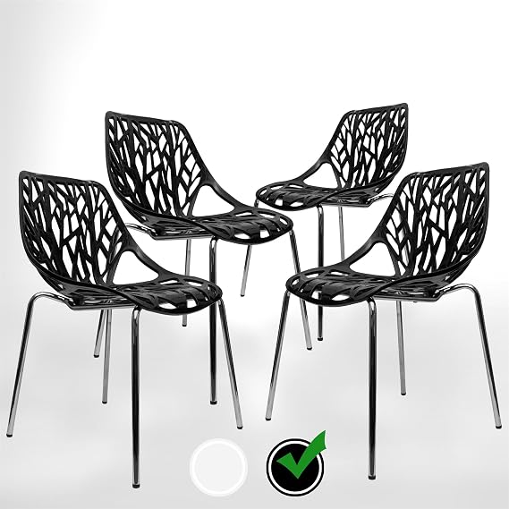Modern Dining Chairs (Set of 4) - Black Stackable Plastic Mid Century Chairs, Outdoor Friendly Birch Seating for Dining Room