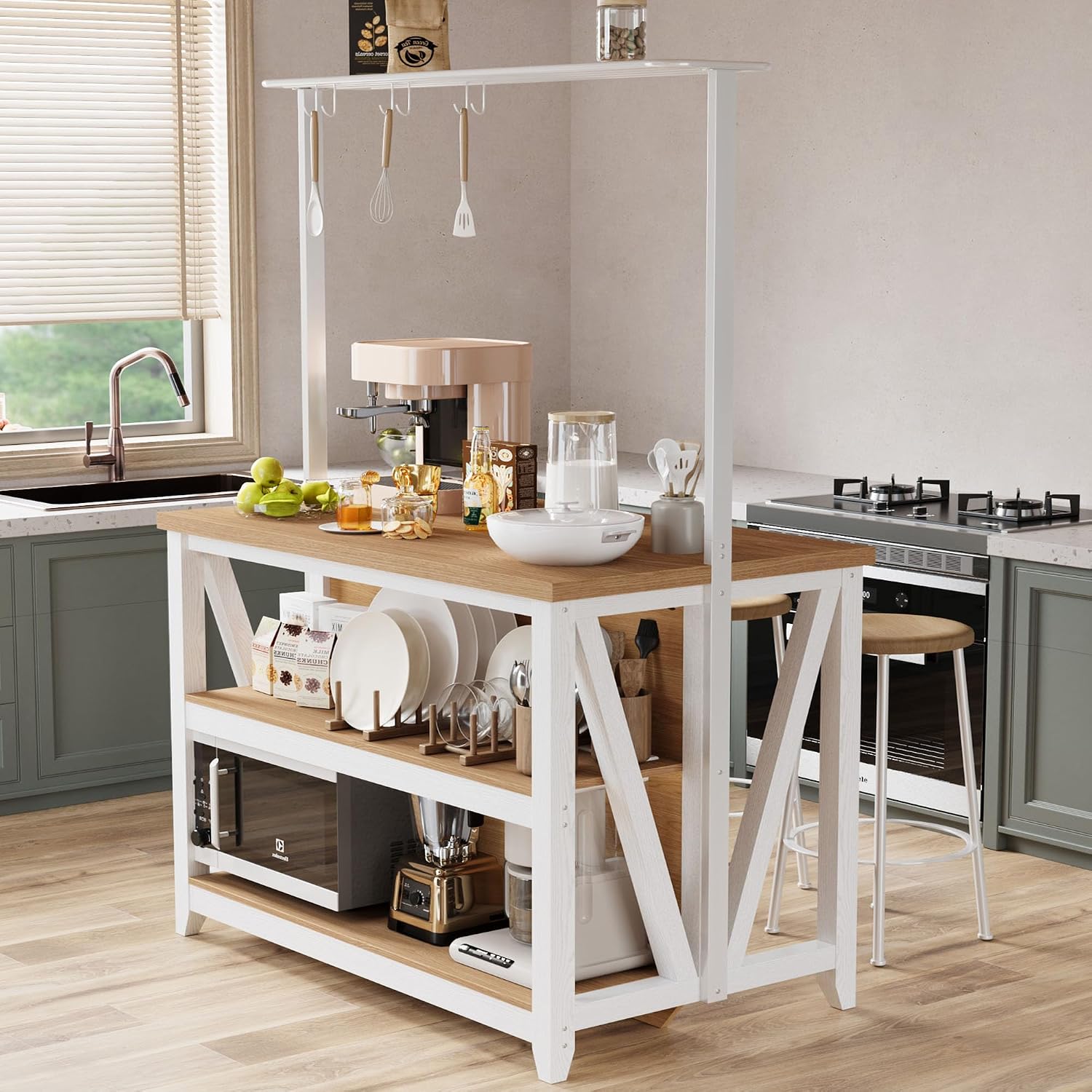 GarveeHome Wooden Kitchen Island with Power Outlet & LED Lights, Bakers Rack with Storage, Large Kitchen Island Table with 3 Tier Microwave Stand Oven Shelf, Coffee Bar Table with 6 Hooks, White
