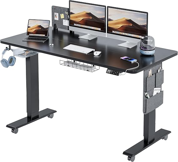 MAIDeSITe Electric Height Adjustable Standing Desk, 140x70cm Sit Stand Desk | with Cable Tray, Hook and Storage Pocketse, Stand Up Desk with Memory Controller for Home Office