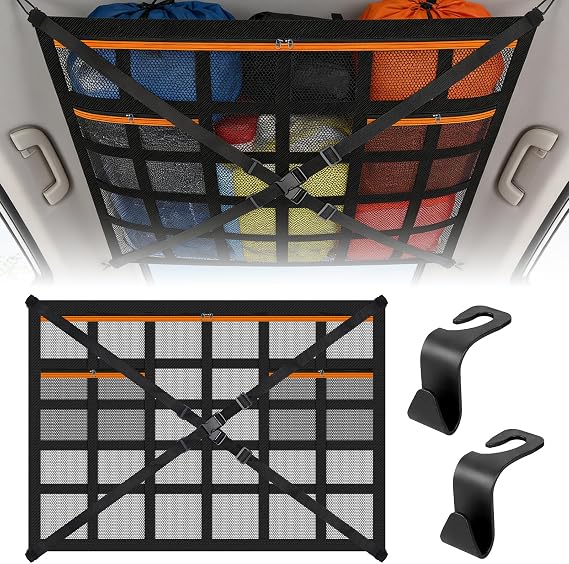 Double Storage Nets for Campervans, Adjustable Car Ceiling Cargo Net | Large Capacity Double-Layer Roof Mesh Pocket with Zipper, Heavy-Duty Ceiling Storage Organizer Bag for SUVs, Jeeps, and Vans