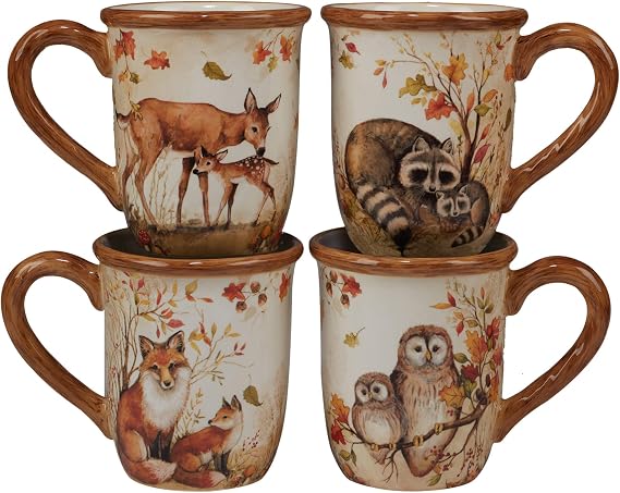 Pine Forest 16 oz. Woodland Ceramic Mugs, Set of 4 Autumn Wildlife Coffee Cups with Fox, Owl, Deer & Raccoon Great for Hot Chocolate, Tea, Pumpkin Spice, Fall Gifts, and Cozy Cabin Vibes