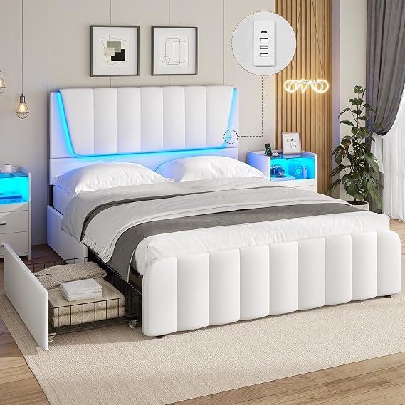 AOGLLATI Queen Bed Frame with Headboard and 4 Storage Drawers, White Platform Bed Frame Queen Size with Led Light & 2 USB Ports, Queen Size Bed Frame with Wooden Slats Support, No Box Spring Needed