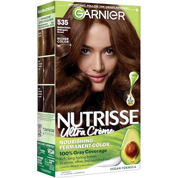 Garnier Nutrisse Ultra Creme Hair Color, Permanent Hair Dye with 100% Gray Coverage, Vegan & Cruelty-Free, 535 Medium Gold Mahogany Brown (Chocolate Caramel), 1 Count